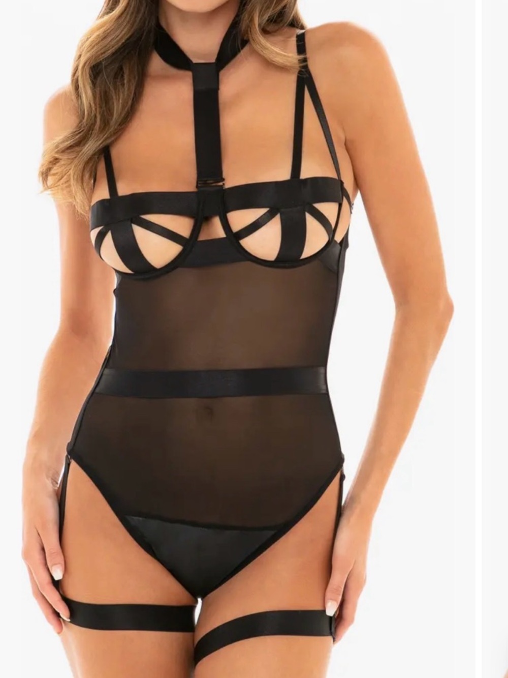 Oh La La Cheri Black Strappy Sheer Bodysuit size S/M